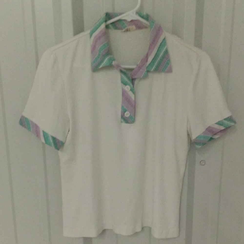 White Purple And Green Striped Collar Polo Shirt